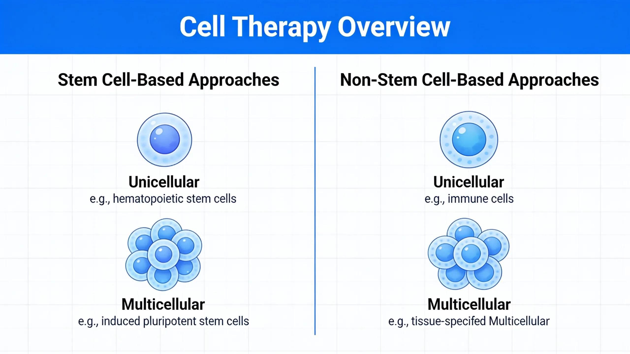 Cell therapy encompasses stem cell-based and non-stem cell-based approaches, including unicellular and multicellular