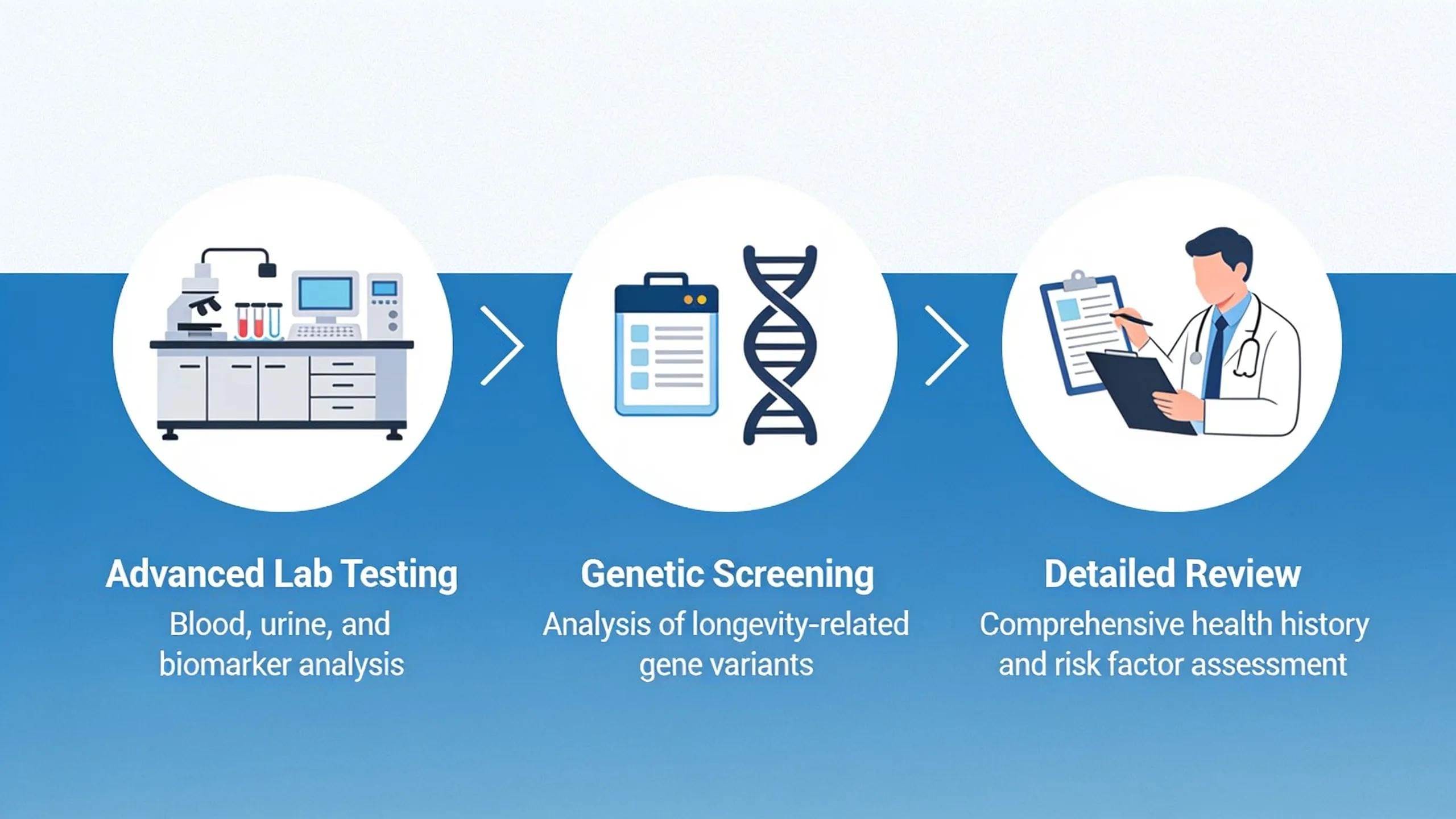 A longevity assessment typically begins with advanced lab testing, genetic screening, and a detailed review